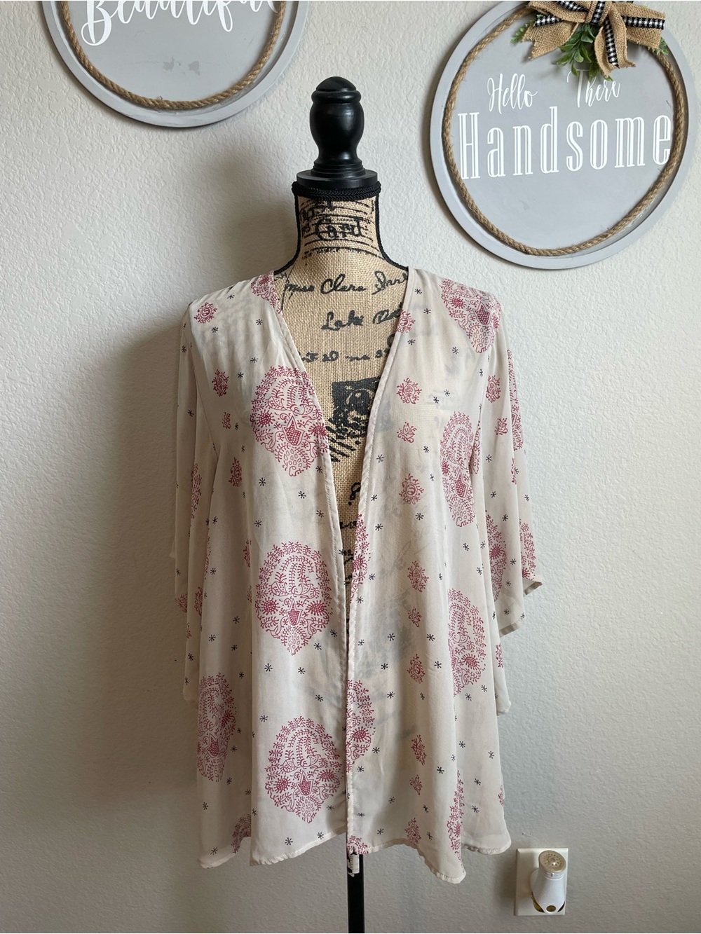 Lightweight Boho Printed Kimono Cardigan - Cream & Dusty Rose